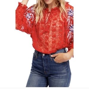 Free People Lace Embroidered Cornflower Blue Orange Red Balloon Sleeve, Medium